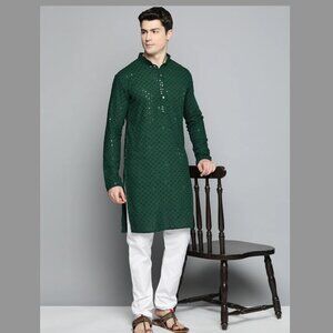BRAND NEW WITH TAGS Men Dark Green Chikankari Embroidered and Sequence Kurta